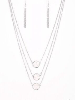N-70 Silver Layered Necklace Set with White Marble Discs by